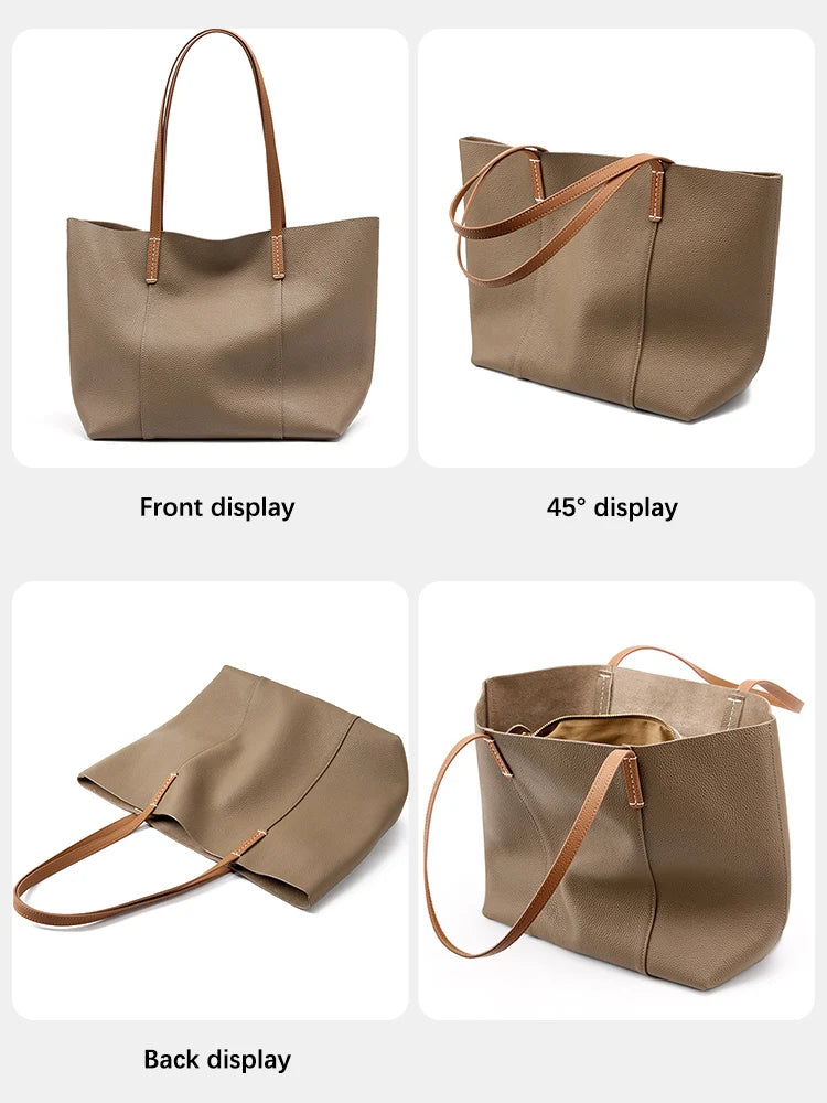 Women's Tote Bag Genuine Leather Handbag Large Capacity Shopper Composite Bag Travel Big Pocket