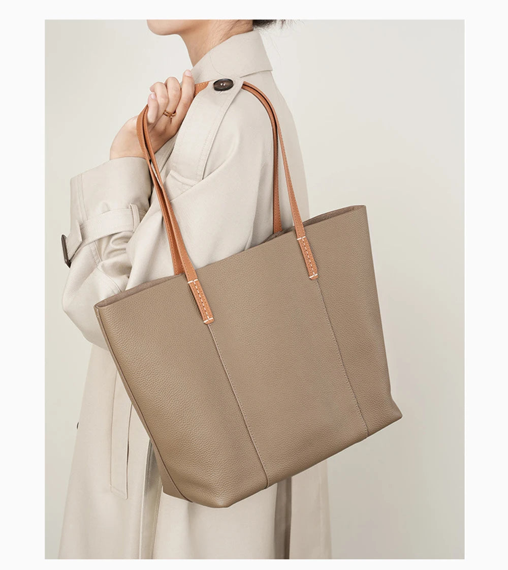 Women's Tote Bag Genuine Leather Handbag Large Capacity Shopper Composite Bag Travel Big Pocket