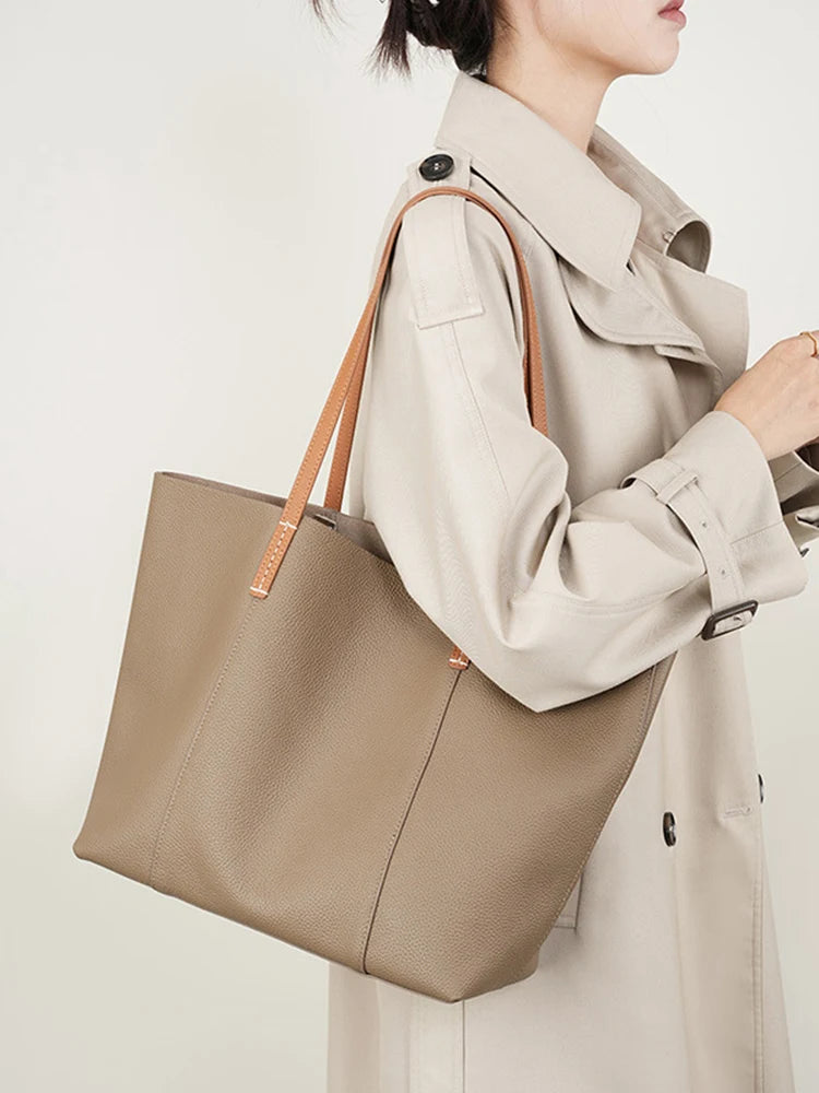 Women's Tote Bag Genuine Leather Handbag Large Capacity Shopper Composite Bag Travel Big Pocket