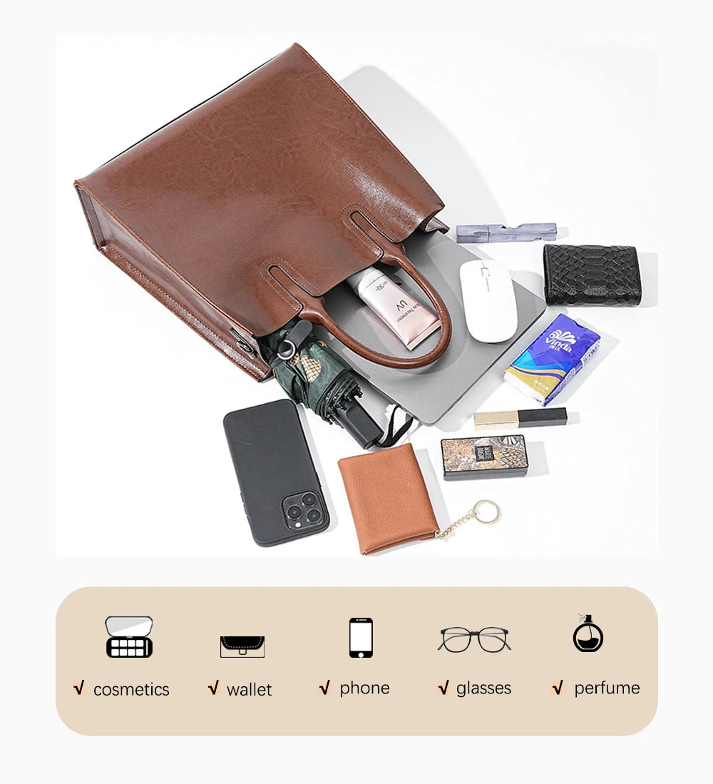 Shoulder Bag Large Capacity Leather Shopper Handbag New Oil Wax Retro Satchels Crossbody