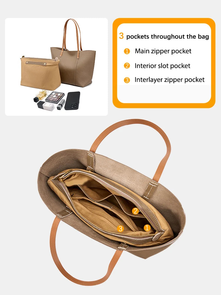 Women's Tote Bag Genuine Leather Handbag Large Capacity Shopper Composite Bag Travel Big Pocket