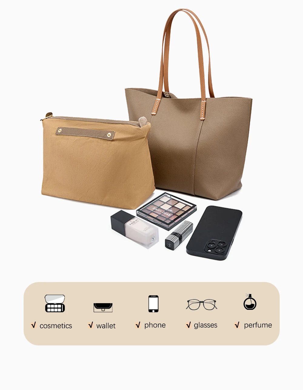 Women's Tote Bag Genuine Leather Handbag Large Capacity Shopper Composite Bag Travel Big Pocket
