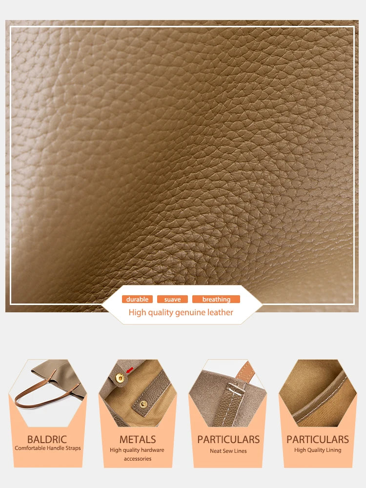 Women's Tote Bag Genuine Leather Handbag Large Capacity Shopper Composite Bag Travel Big Pocket