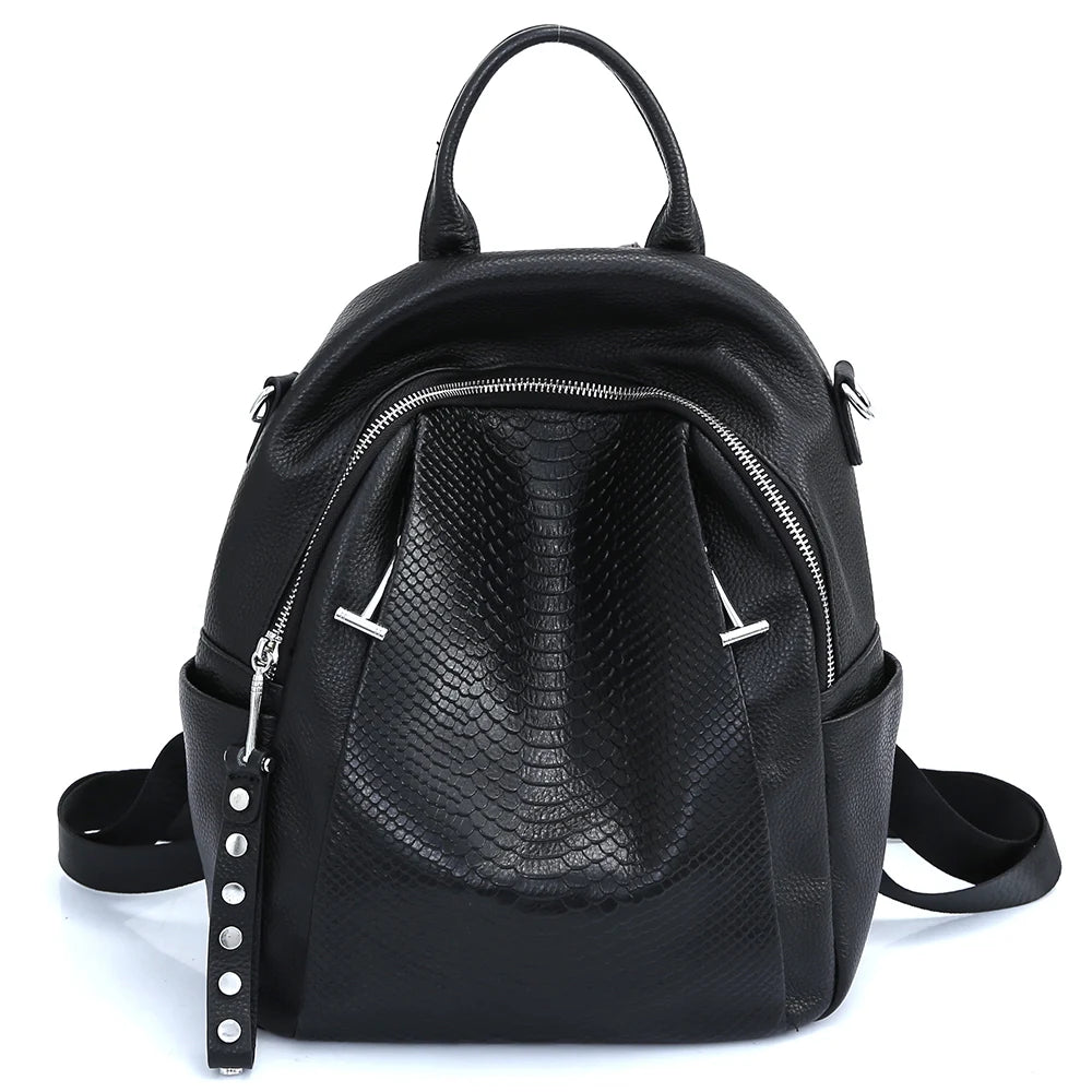 Genuine Leather Backpack For Women Fashion Alligator Rivet Simple