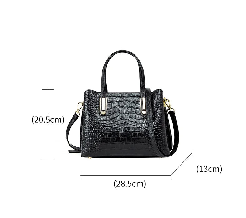 Crocodile Patterned Top-grain Leather Handbag Elegant Top Handle Women Versatile