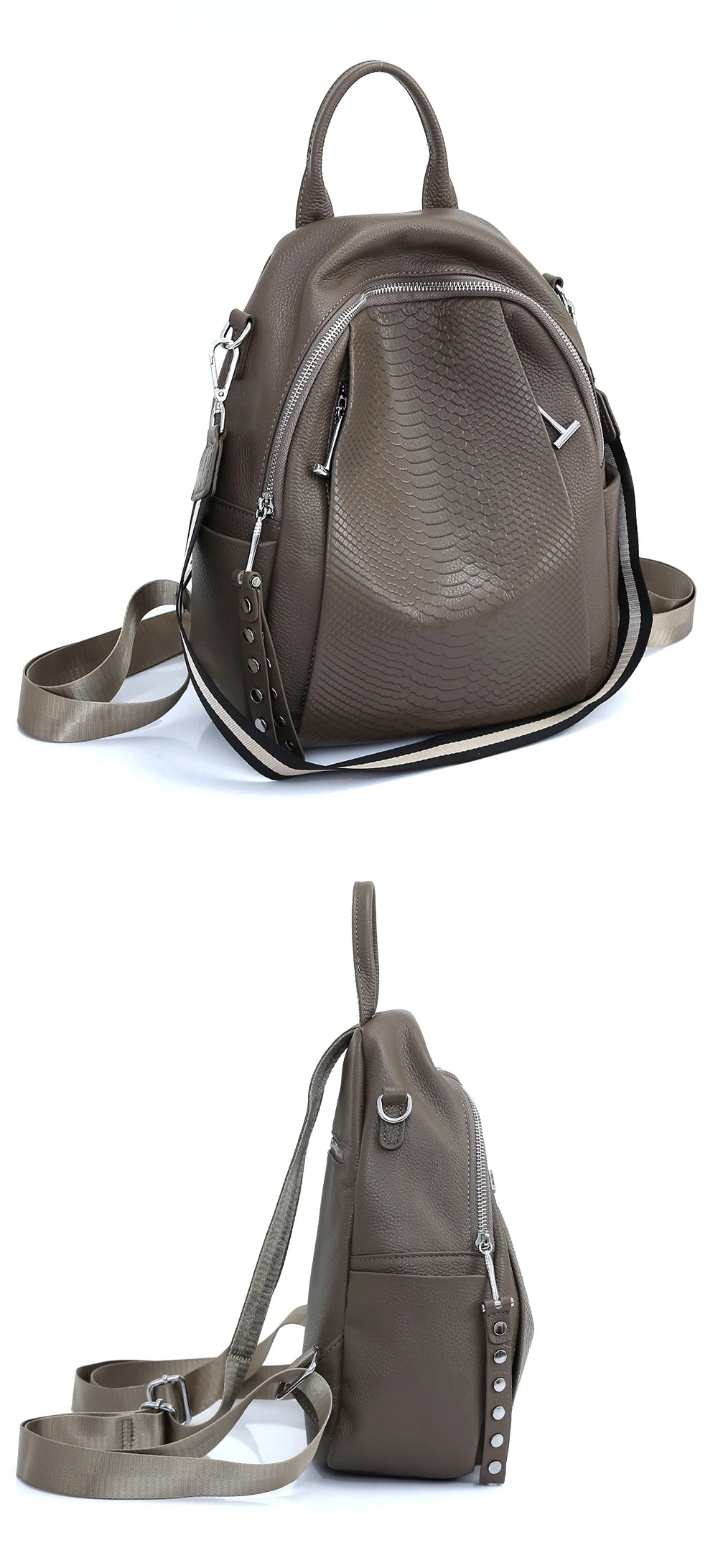 Genuine Leather Backpack For Women Fashion Alligator Rivet Simple