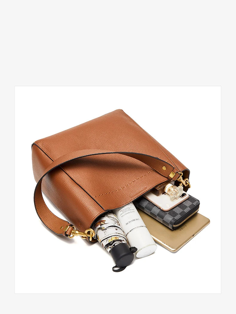 New Genuine Leather Casual Shopper Shoulder Bag Commuter Large Bucket Handbag Simple High Quality