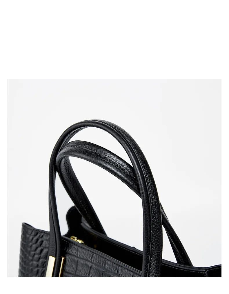 Crocodile Patterned Top-grain Leather Handbag Elegant Top Handle Women Versatile