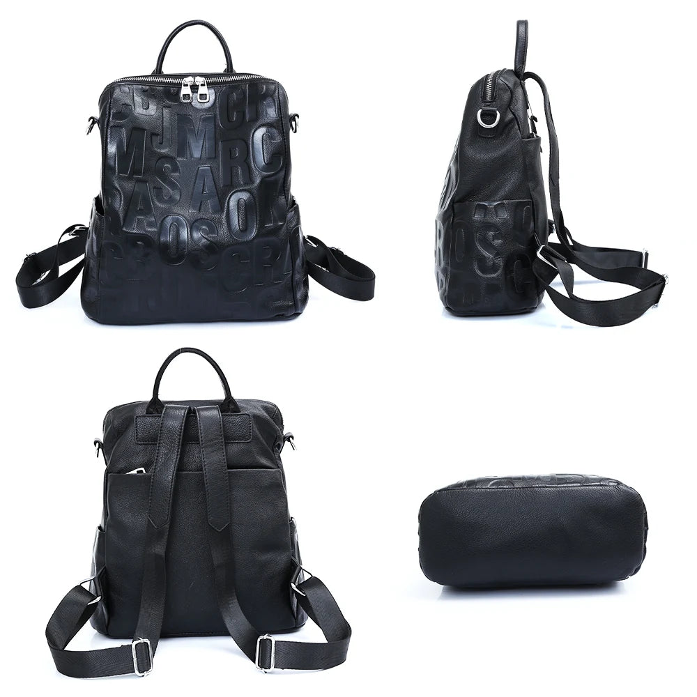 Women's Genuine Leather Backpack Top Quality Silver Hardware Unique Letter Shoulder