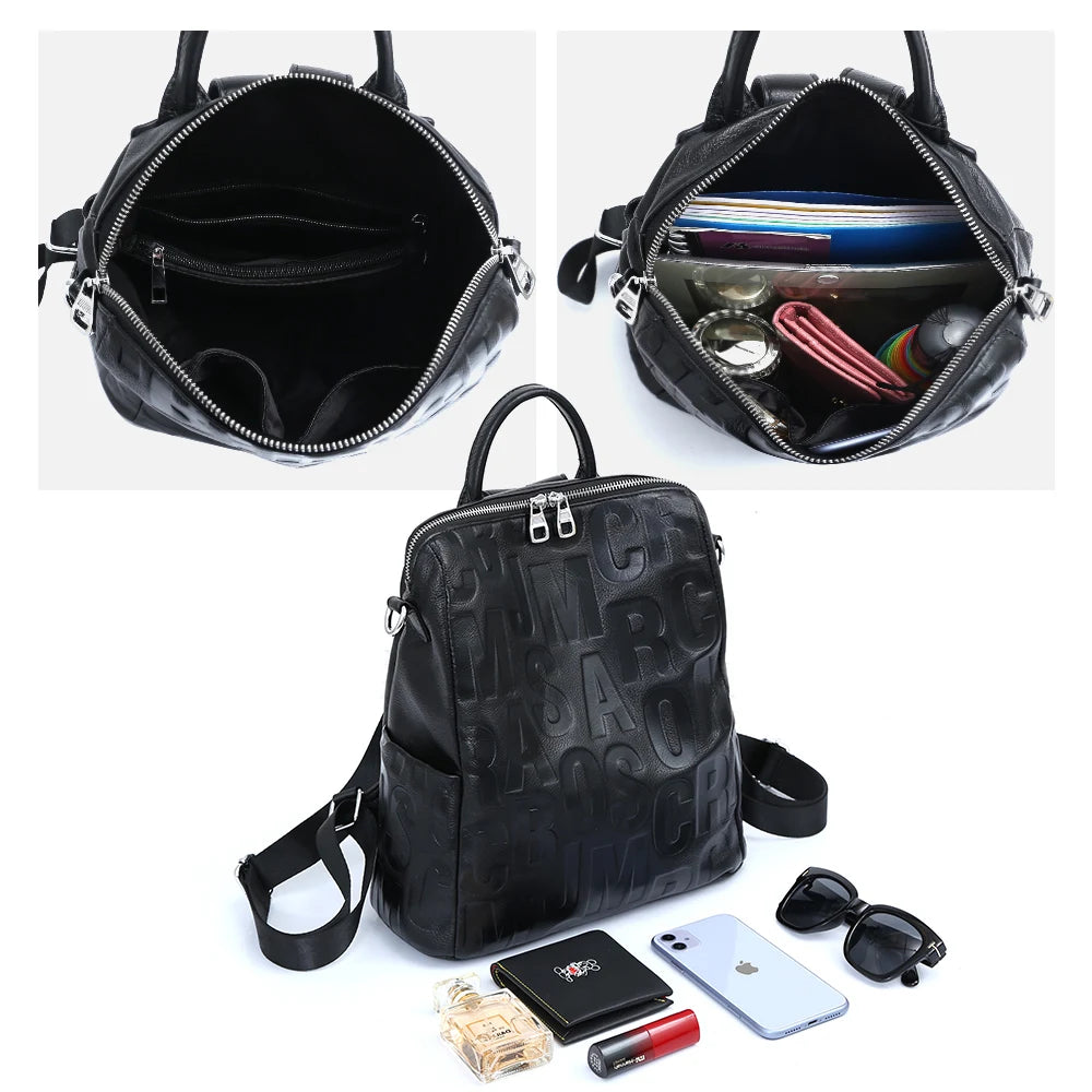 Women's Genuine Leather Backpack Top Quality Silver Hardware Unique Letter Shoulder