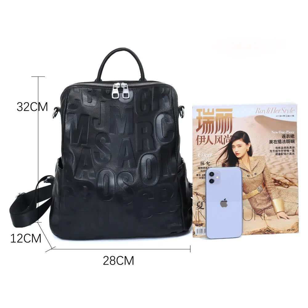Women's Genuine Leather Backpack Top Quality Silver Hardware Unique Letter Shoulder