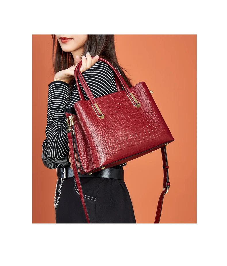 Crocodile Patterned Top-grain Leather Handbag Elegant Top Handle Women Versatile