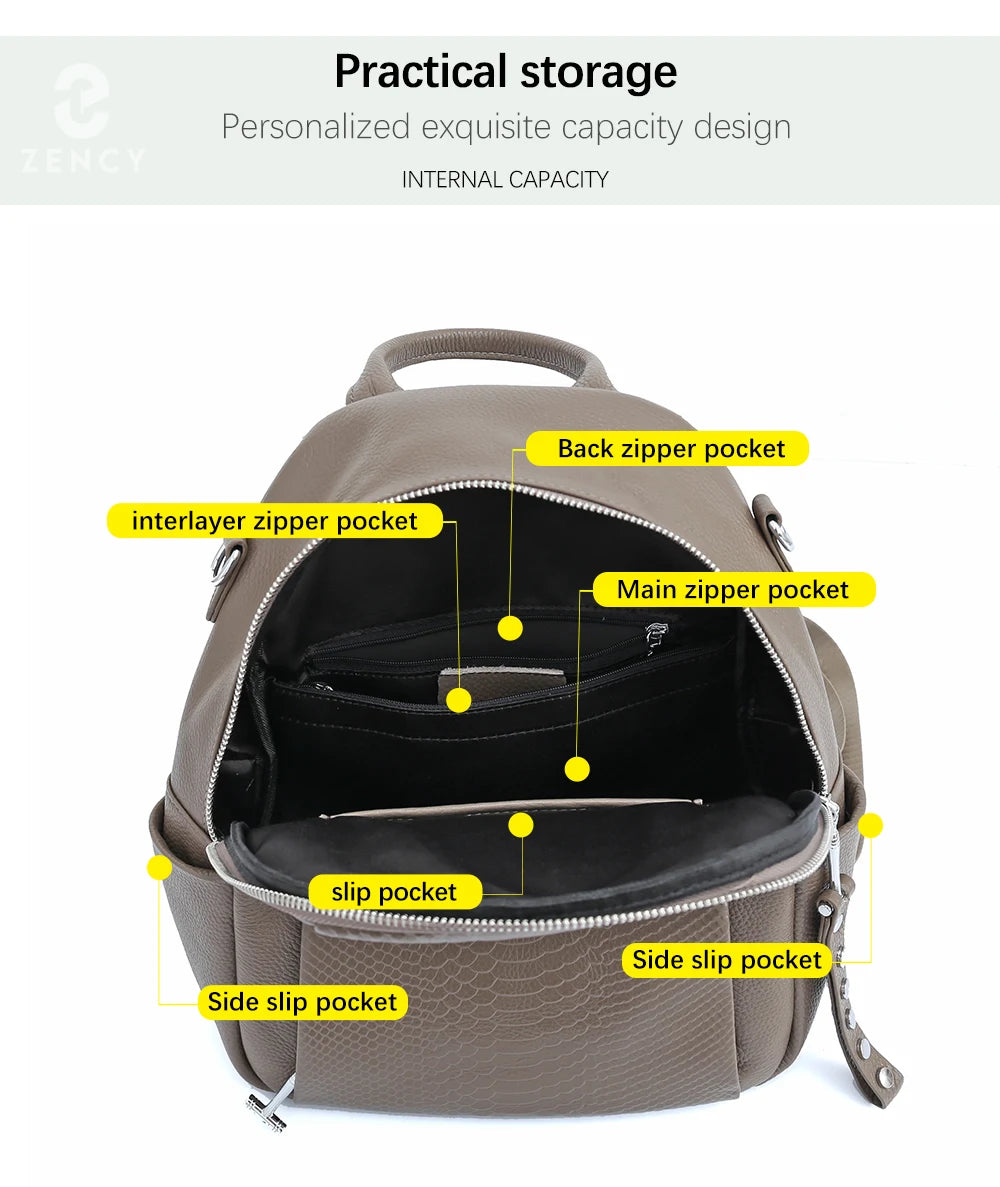 Genuine Leather Backpack For Women Fashion Alligator Rivet Simple