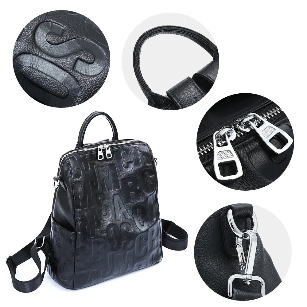Women's Genuine Leather Backpack Top Quality Silver Hardware Unique Letter Shoulder