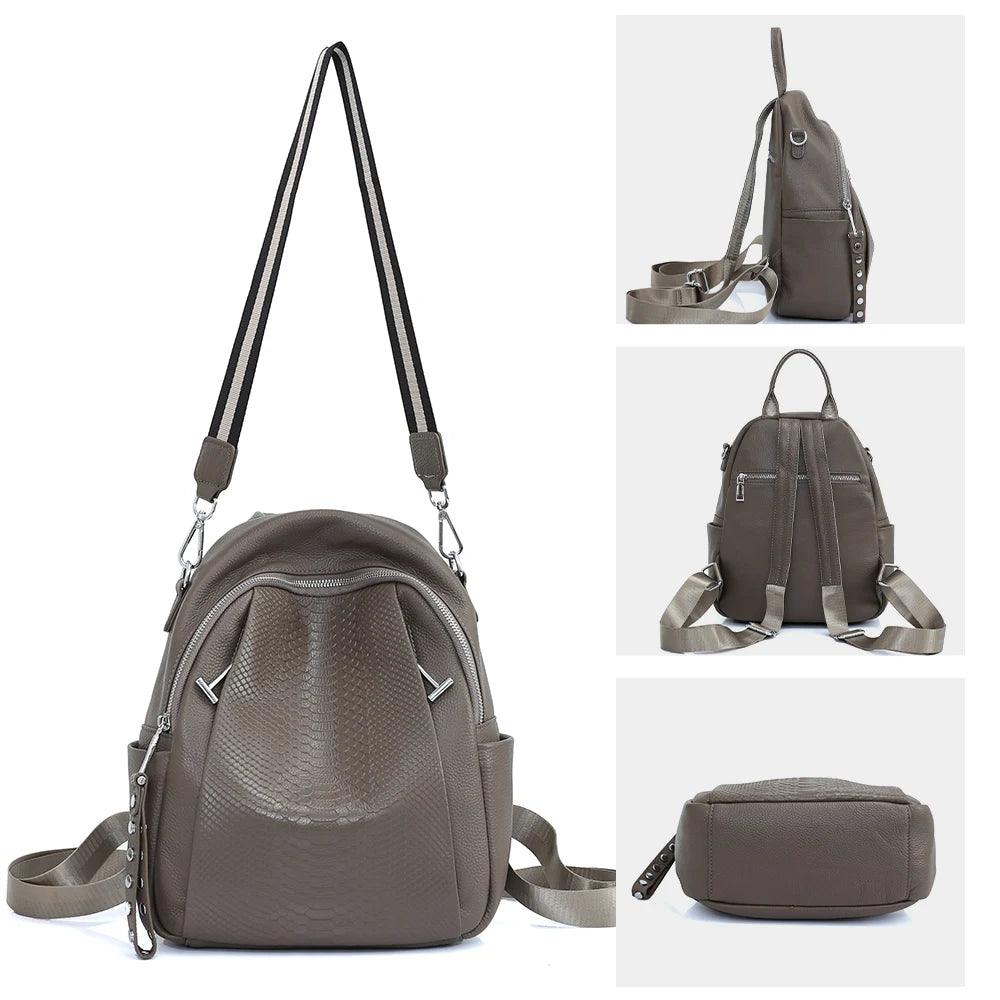 Genuine Leather Backpack For Women Fashion Alligator Rivet Simple