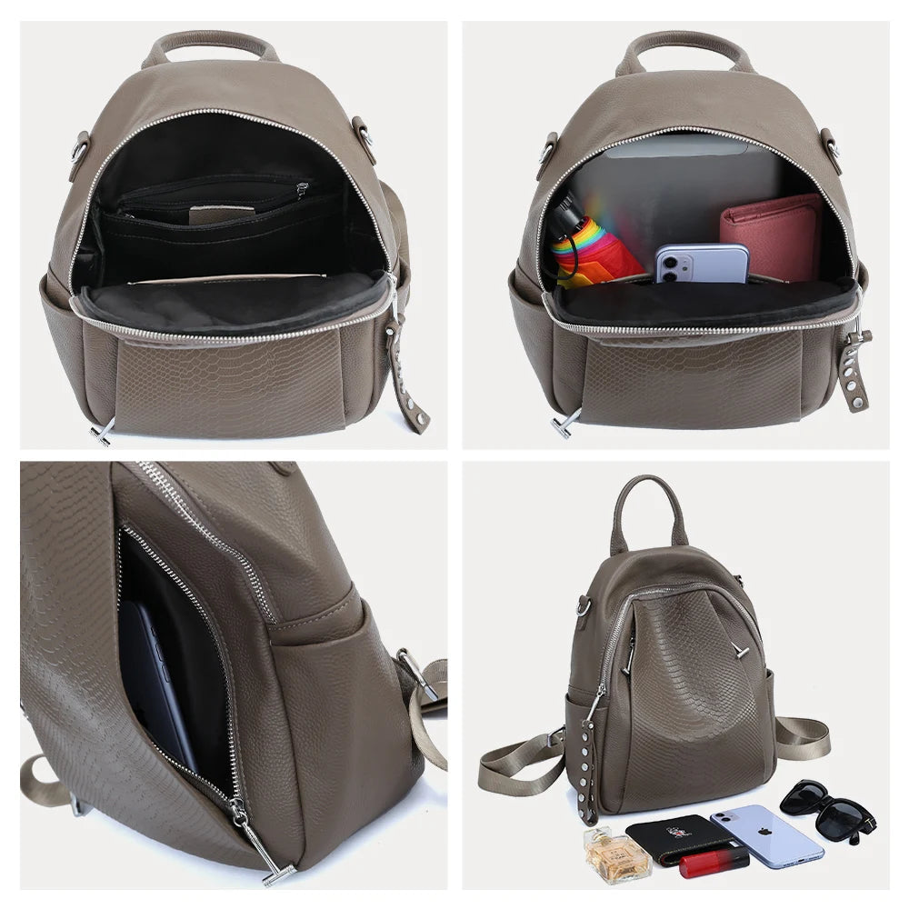 Genuine Leather Backpack For Women Fashion Alligator Rivet Simple