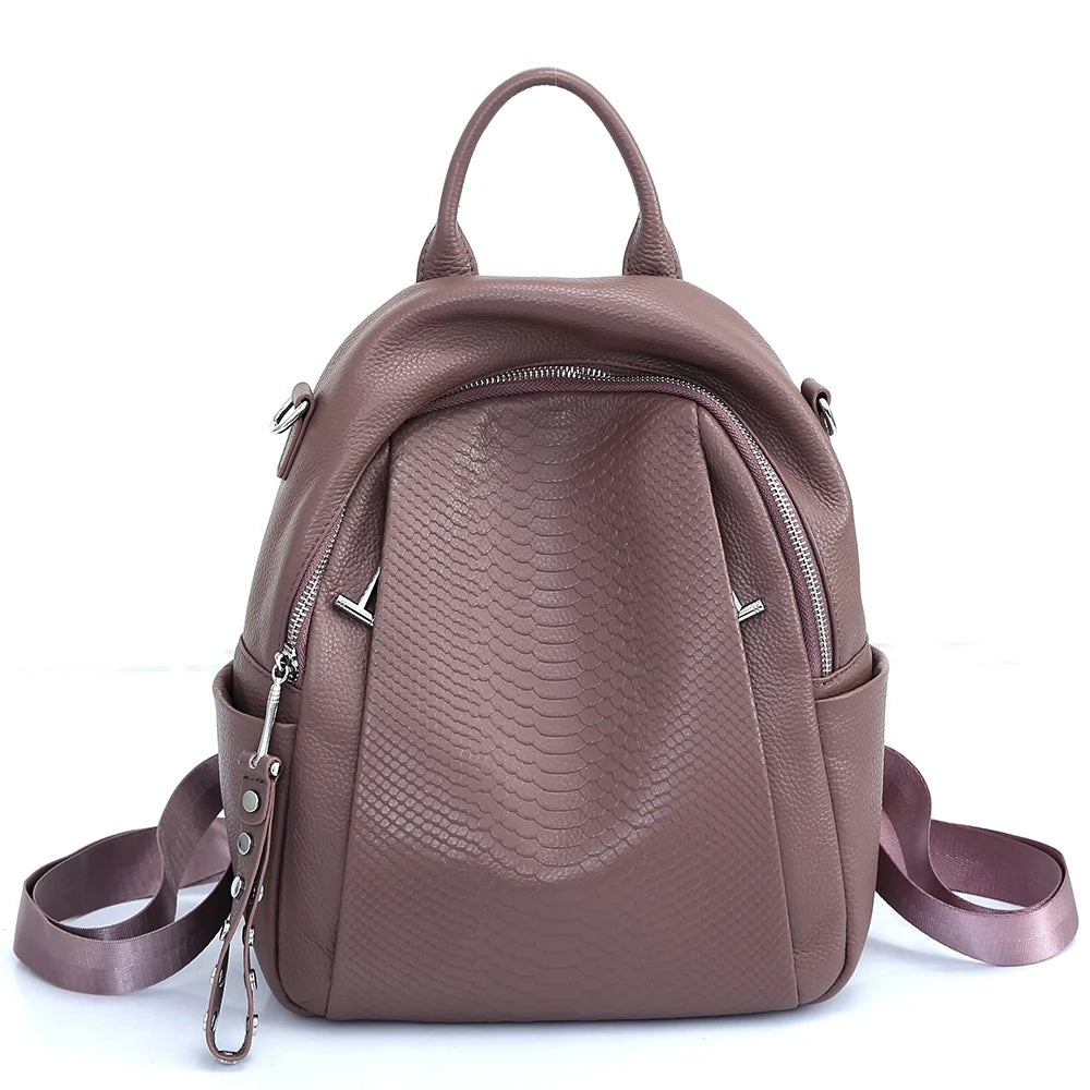 Genuine Leather Backpack For Women Fashion Alligator Rivet Simple