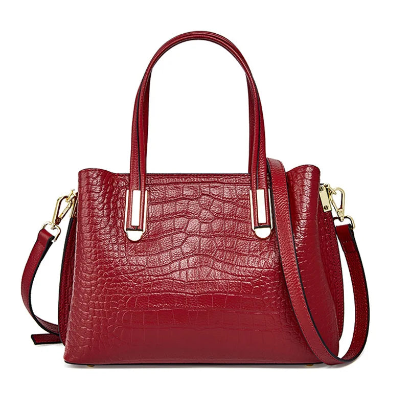Crocodile Patterned Top-grain Leather Handbag Elegant Top Handle Women Versatile