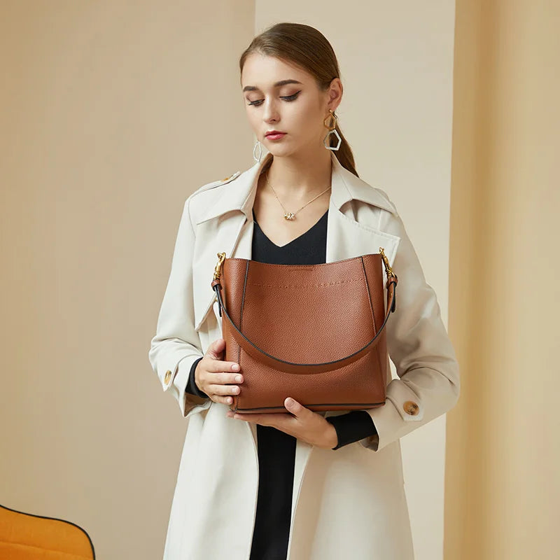 New Genuine Leather Casual Shopper Shoulder Bag Commuter Large Bucket Handbag Simple High Quality