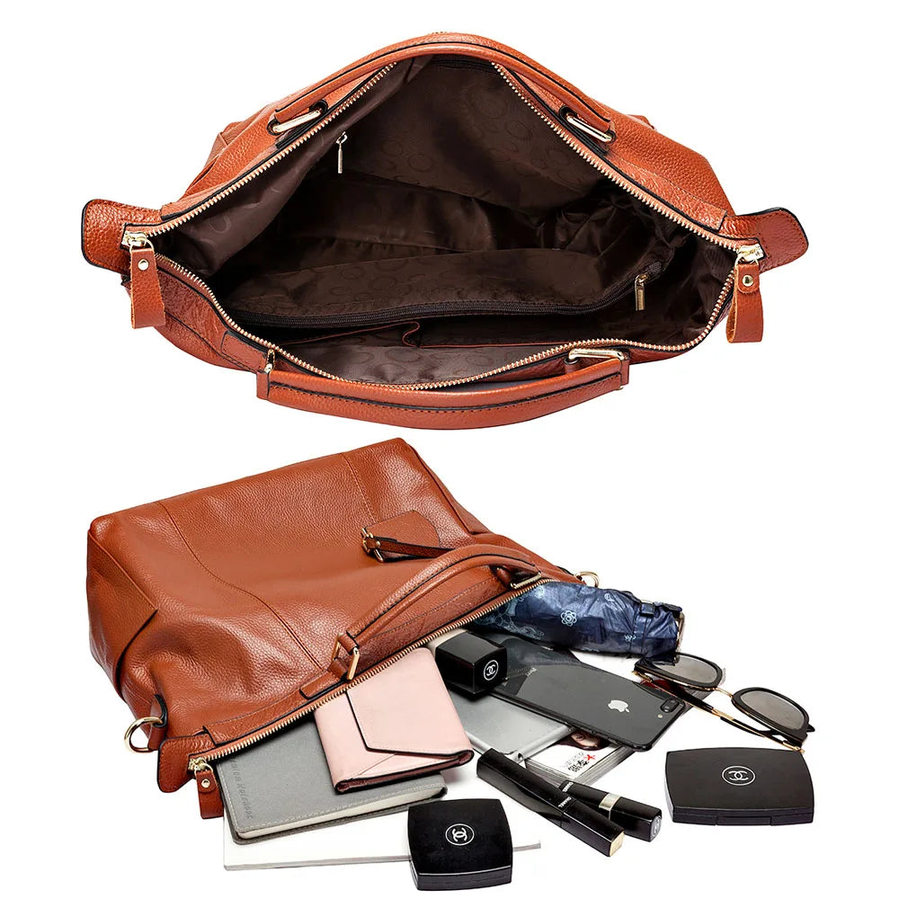 Women Casual Tote 100% Genuine Leather Large Capacity Handbag Simple Lady Crossbody