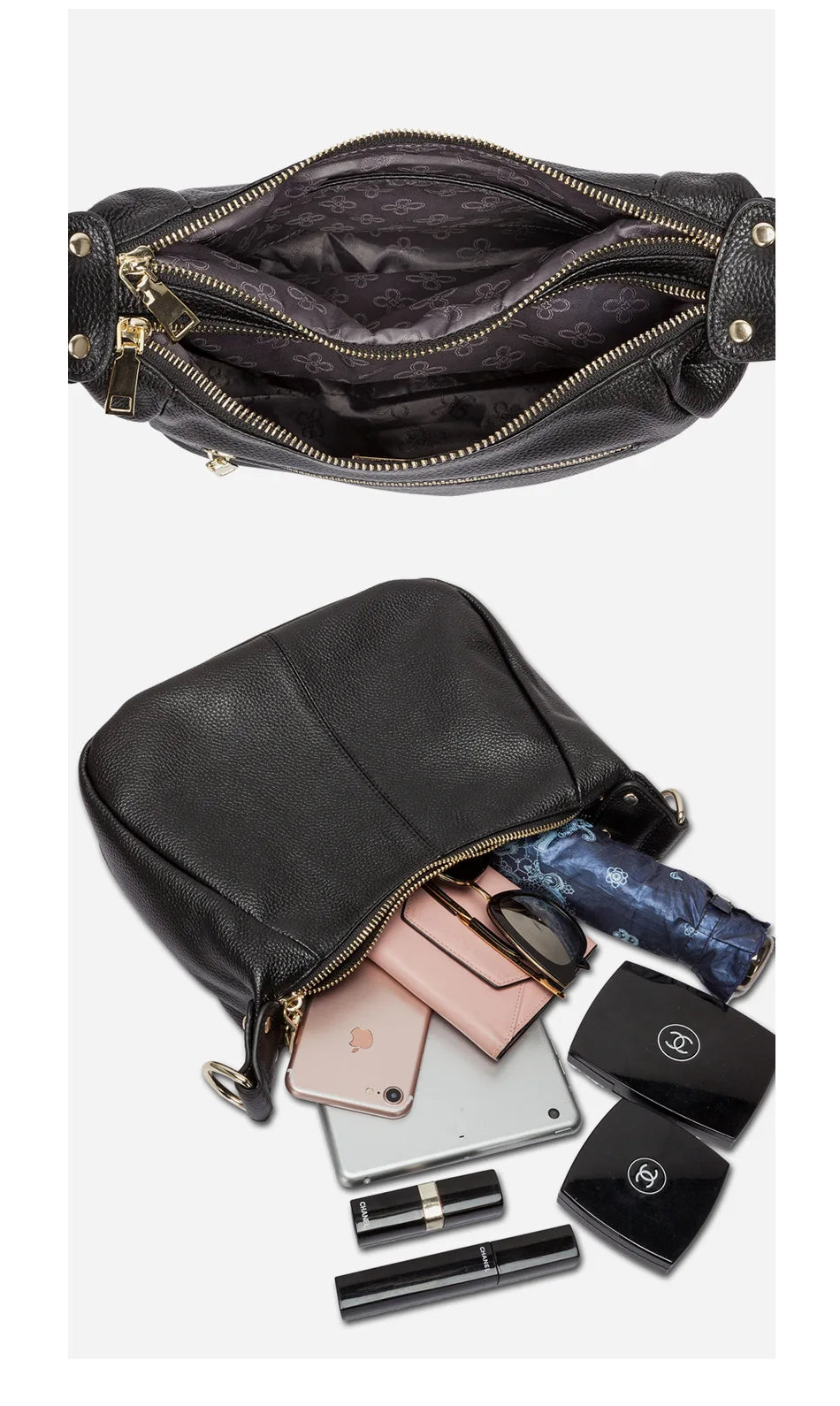 100% Genuine Leather Classic Black Women Shoulder Bag Fashion Crossbody Messenger Purse