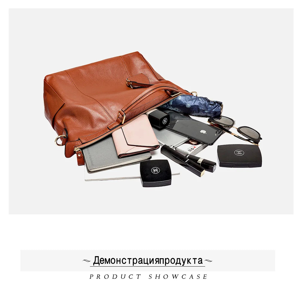 Women Casual Tote 100% Genuine Leather Large Capacity Handbag Simple Lady Crossbody