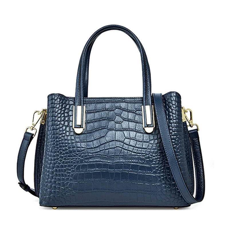 Crocodile Patterned Top-grain Leather Handbag Elegant Top Handle Women Versatile