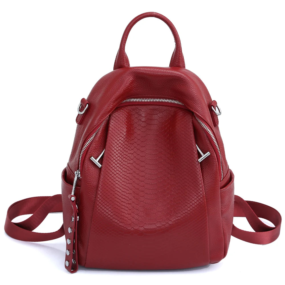 Genuine Leather Backpack For Women Fashion Alligator Rivet Simple
