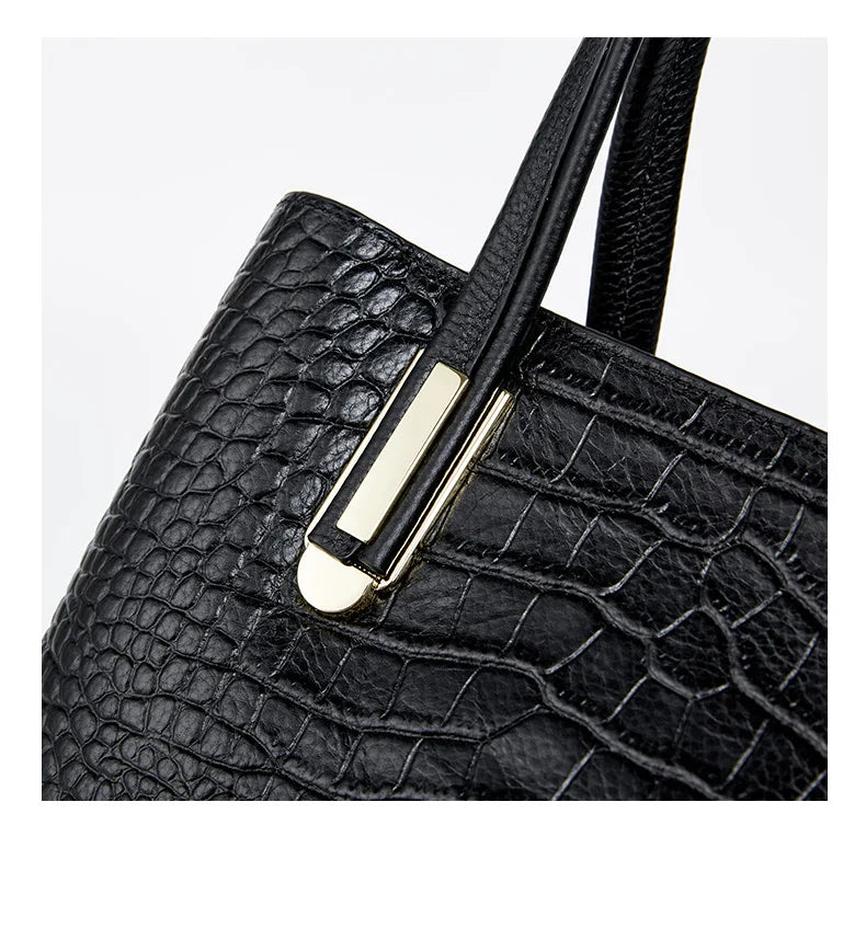 Crocodile Patterned Top-grain Leather Handbag Elegant Top Handle Women Versatile