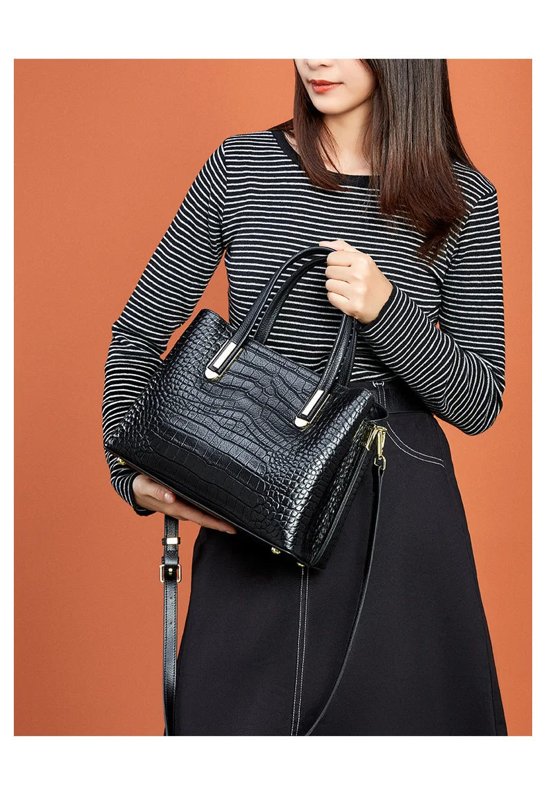 Crocodile Patterned Top-grain Leather Handbag Elegant Top Handle Women Versatile