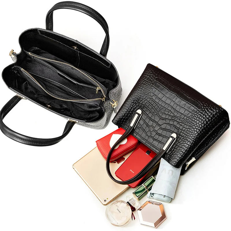 Crocodile Patterned Top-grain Leather Handbag Elegant Top Handle Women Versatile