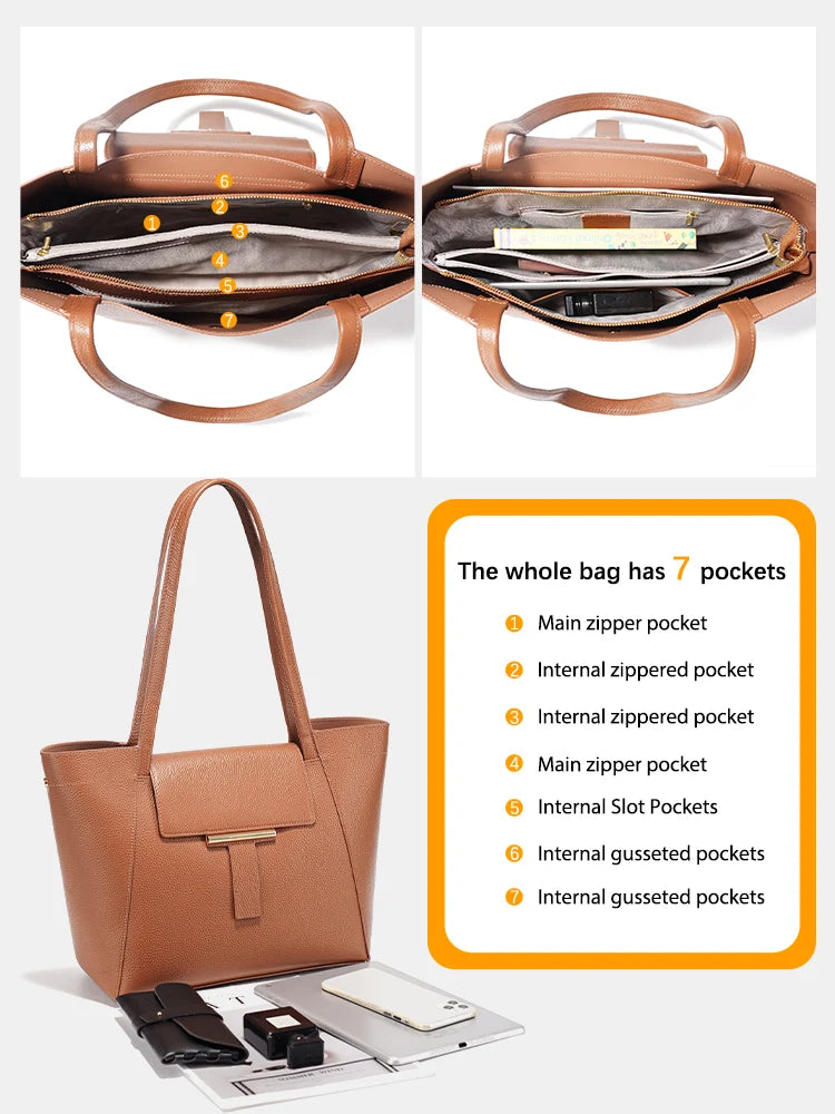 Genuine Leather Women's Tote Handbag Large Shoulder Bag Functional Shopping Bag