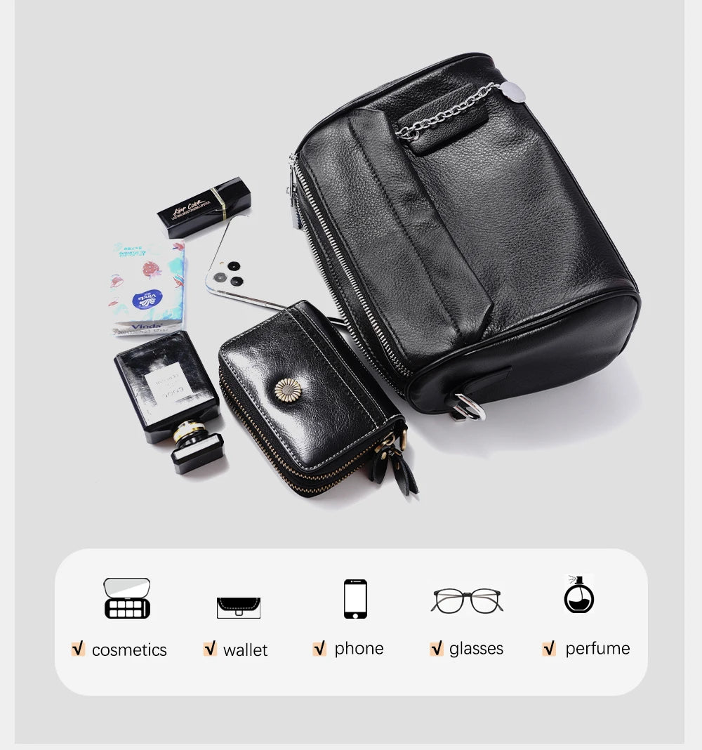 Soft Leather Casual Shoulder Bag For Female Double Zippered Pockets Small