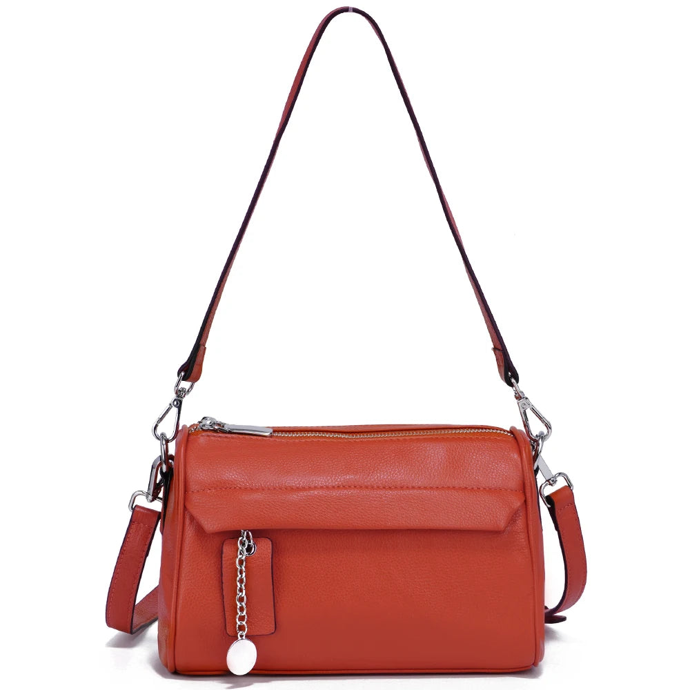 Soft Leather Casual Shoulder Bag For Female Double Zippered Pockets Small