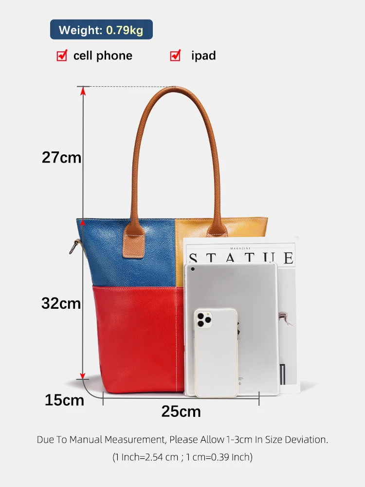 Fashion New Splicedcolor Women Handbag Genuine Leather Ladies Shoulder Big