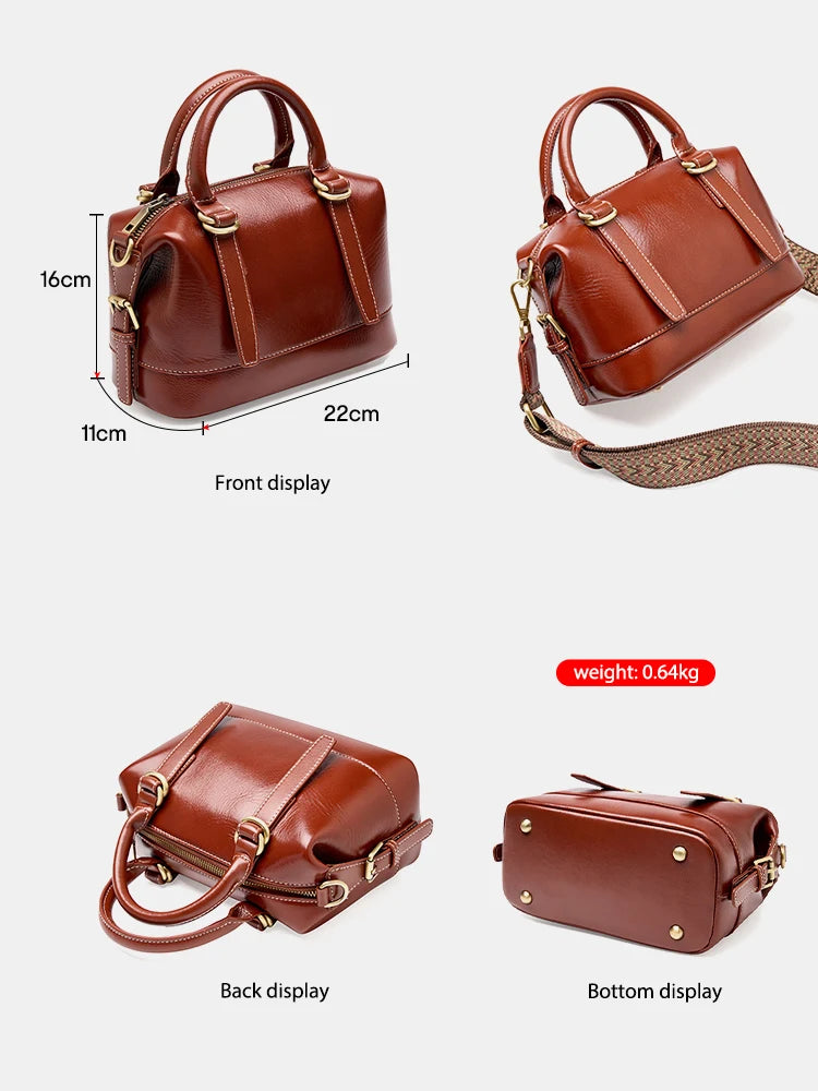 Women's Handbag Cowhide Leather Boston Pillow Bag New Crossbody Bag Retro Commuter