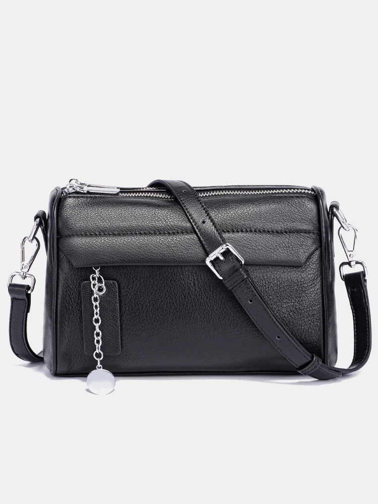 Soft Leather Casual Shoulder Bag For Female Double Zippered Pockets Small