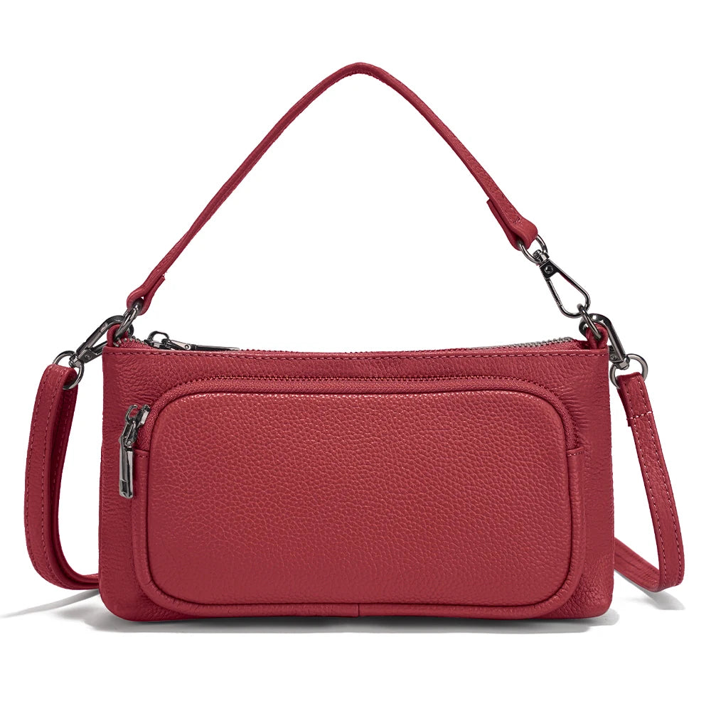 Women's Red Shoulder Bag Crossbody Multi-pockets Leather Handbag Genuine Cowhide
