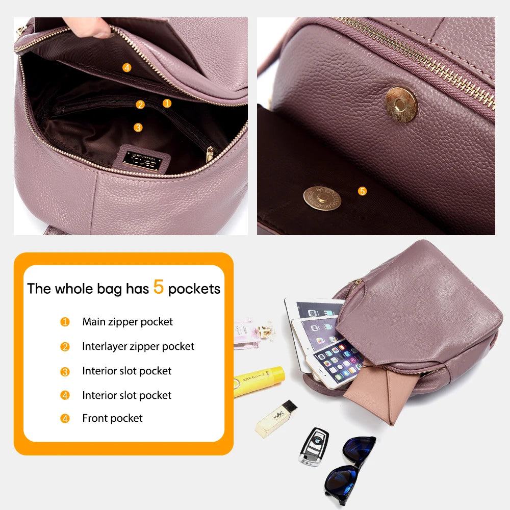 Charm Women Backpack 100% Genuine Leather Anti-theft Button Elegant Female
