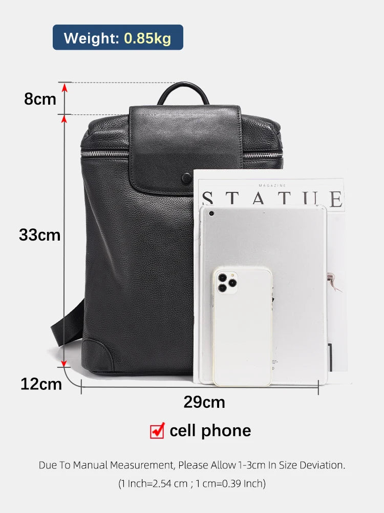 Genuine Leather Black Backpack Multi-pocket Design Knapsack Flap Bag