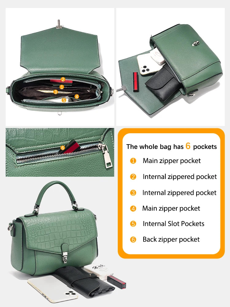 Women's Genuine Leather Top-Handle Bag Fashion Alligator Crossbody Many Compartments