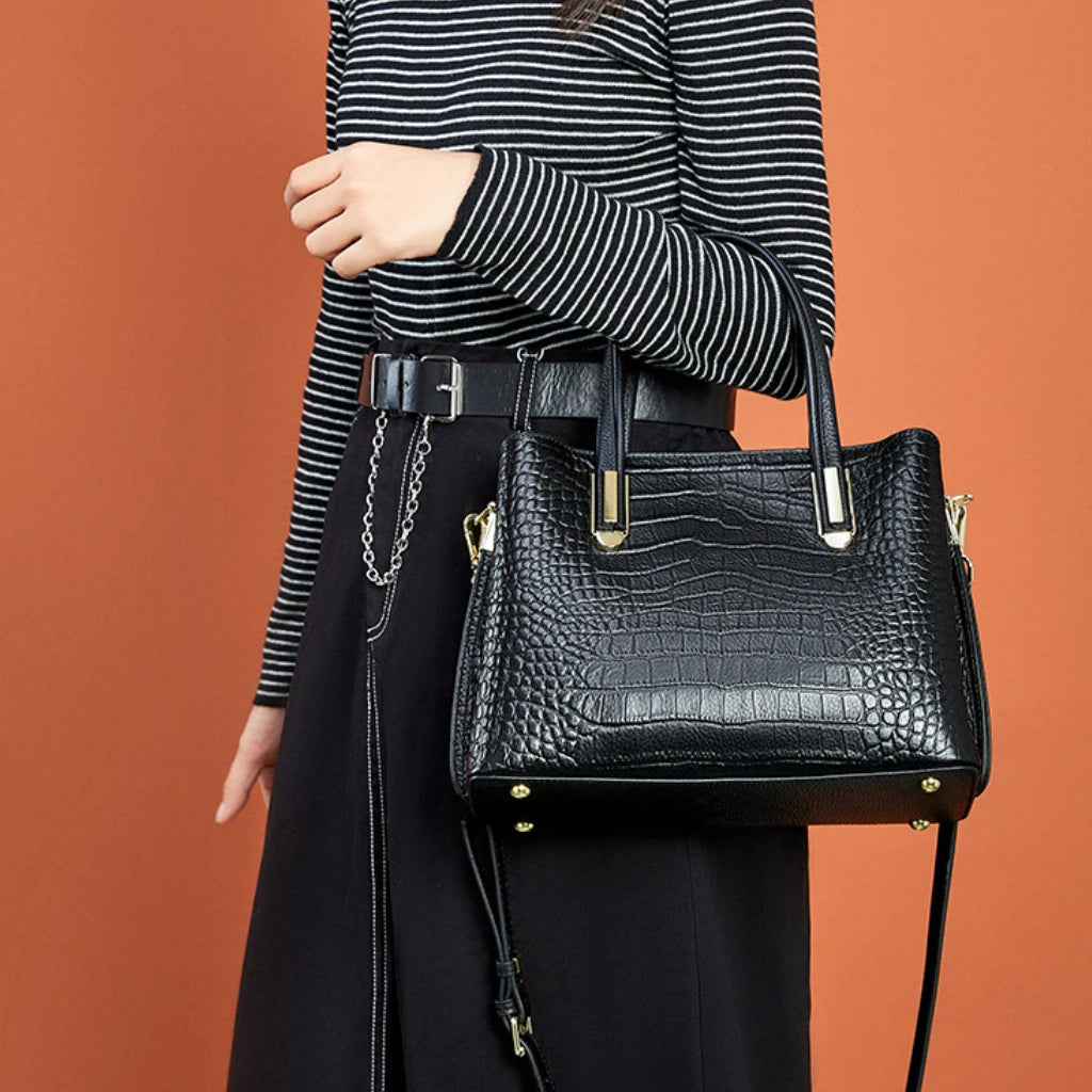 Crocodile Patterned Top-grain Leather Handbag Elegant Top Handle Women Versatile