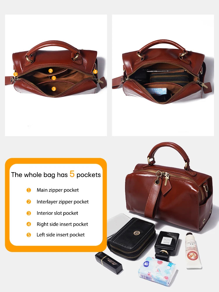 Leather Vintage Handbag Women Shoulder Bag Satchel Black Wave Pattern Wide