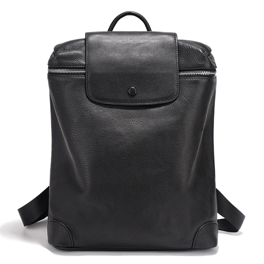 Genuine Leather Black Backpack Multi-pocket Design Knapsack Flap Bag