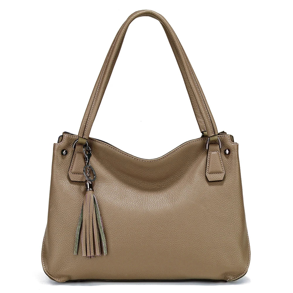 Genuine Leather Women's Tassel Shoulder Bag Large Capacity Female Handbag Shopper Natural Leather