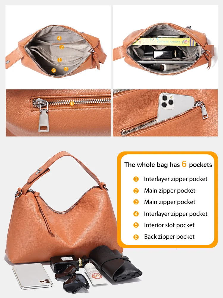 Genuine Leather Tophandle Bag Fashion Hobo Bag Women Shoulder Handbag Crossbody Designer Elegant