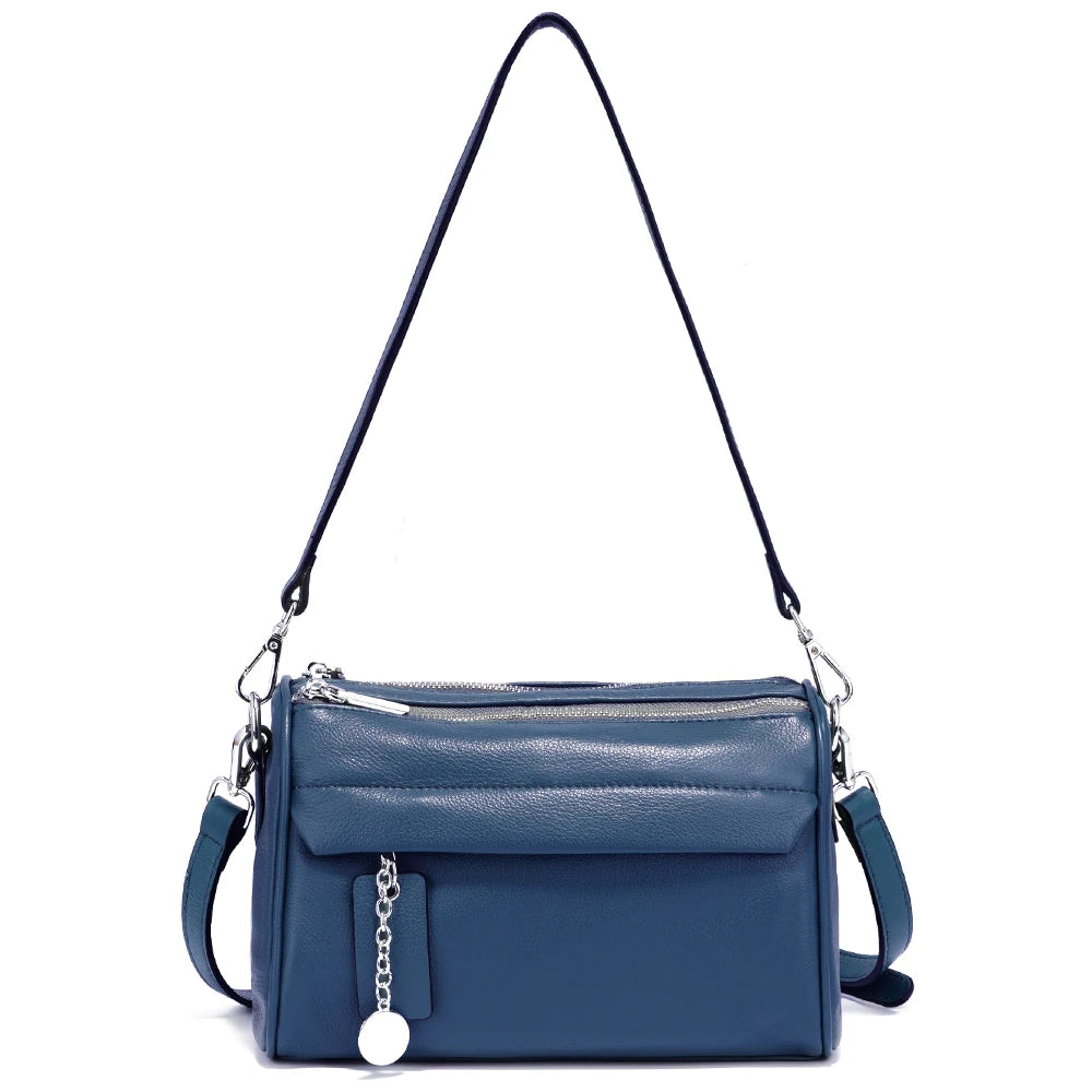 Soft Leather Casual Shoulder Bag For Female Double Zippered Pockets Small