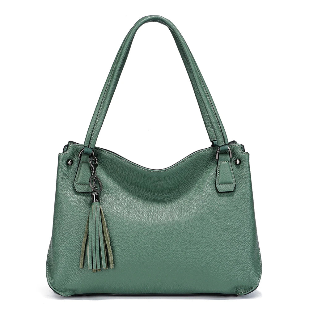 Genuine Leather Women's Tassel Shoulder Bag Large Capacity Female Handbag Shopper Natural Leather