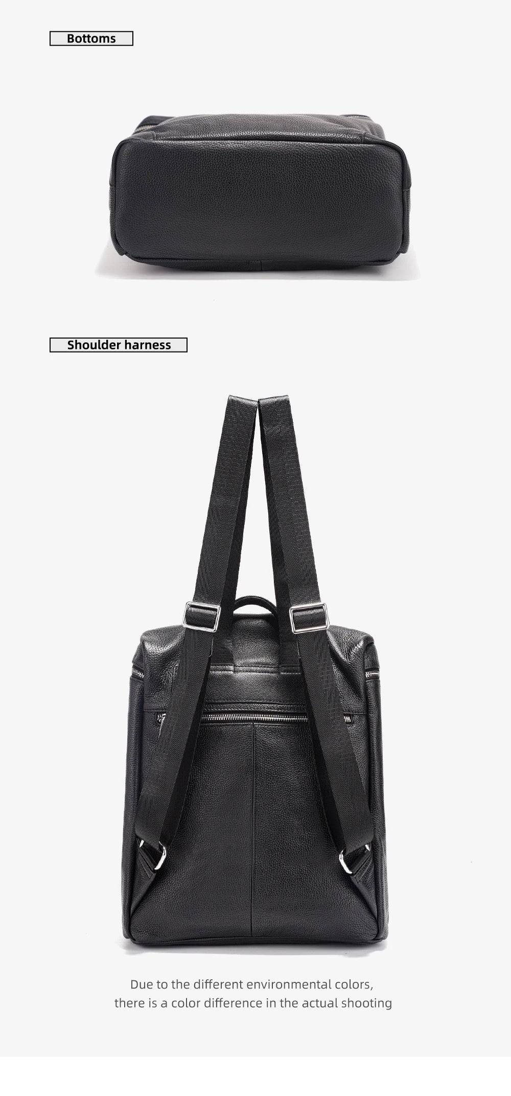 Genuine Leather Black Backpack Multi-pocket Design Knapsack Flap Bag