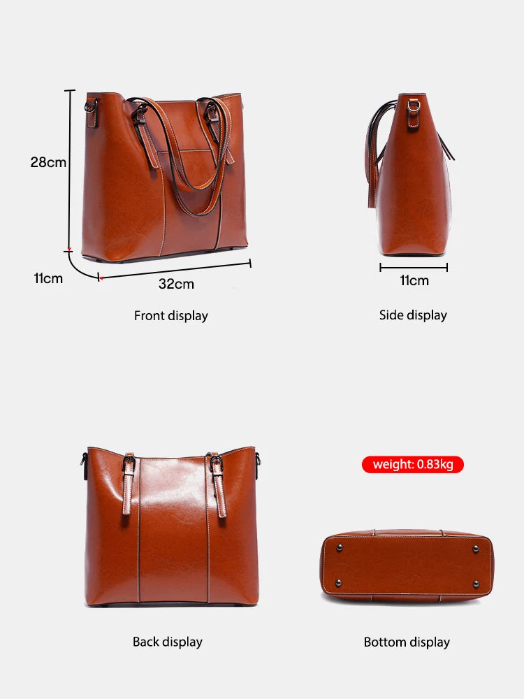 New Women's Genuine Leather Tote Lady Luxury Designer Cowhide Shoulder Bag Large